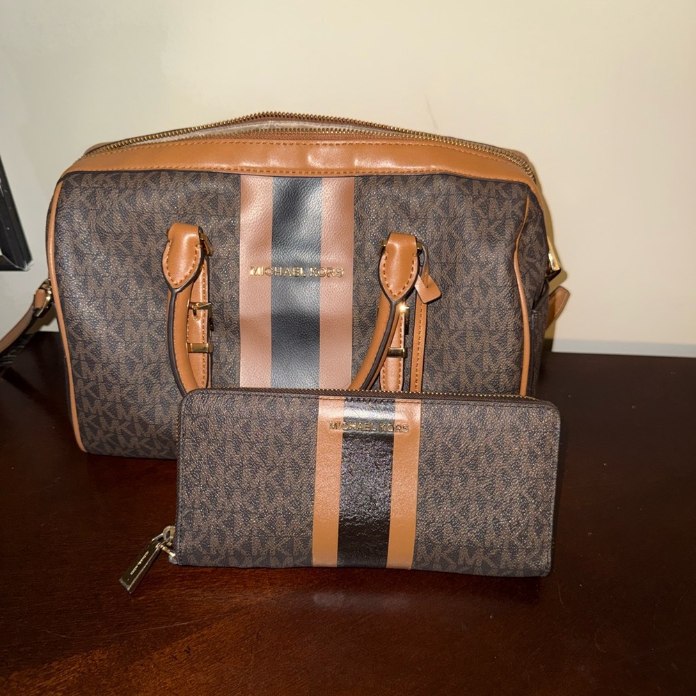 Michael Kors Brown and Black Satchel with Monogram Print with Matching Wallets